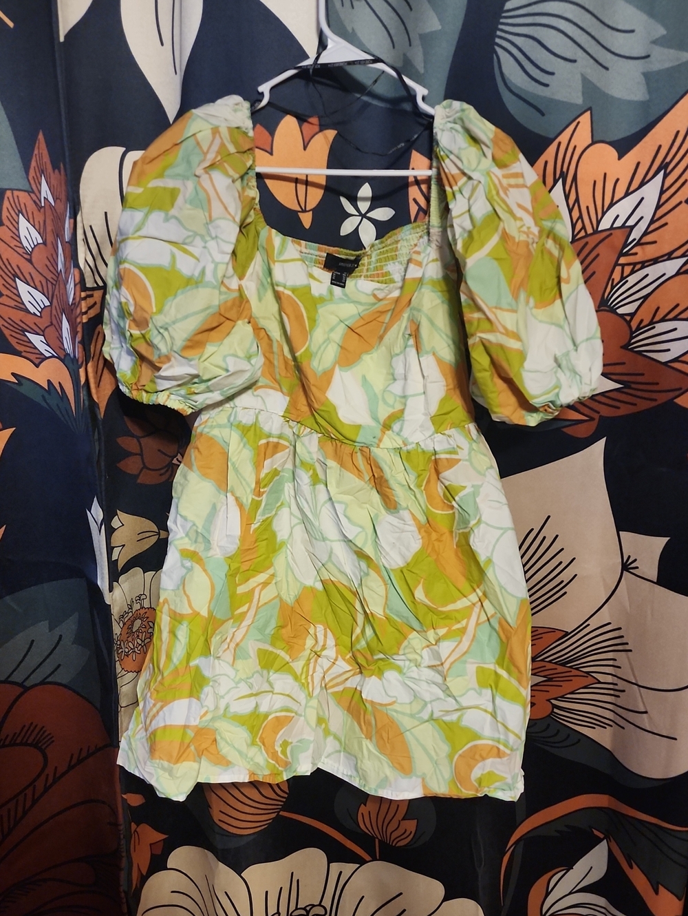 Forever 21 Green, Yellow and White Puff Sleeve Floral Mini Dress